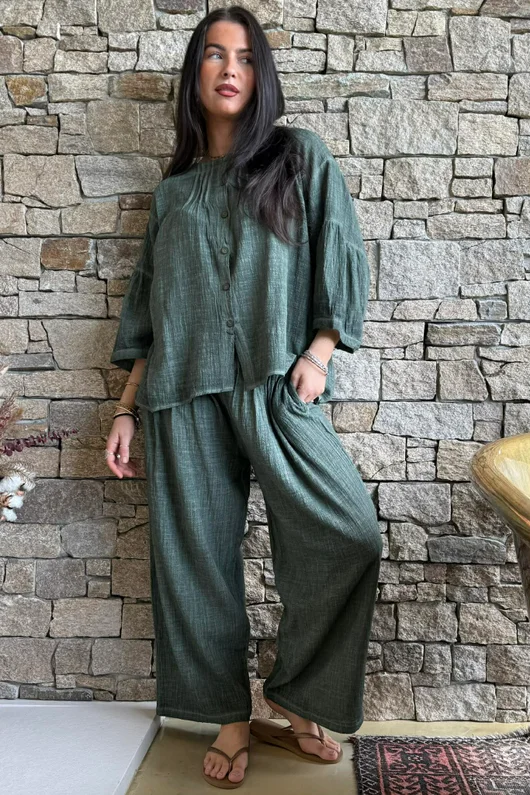 Loom & Thread Pin Tuck Blouse Washed Moss /40=